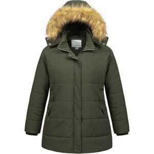 Women's Army Green Long Puffer Hood Jacket Coat Waterproof Winter Removable Fur